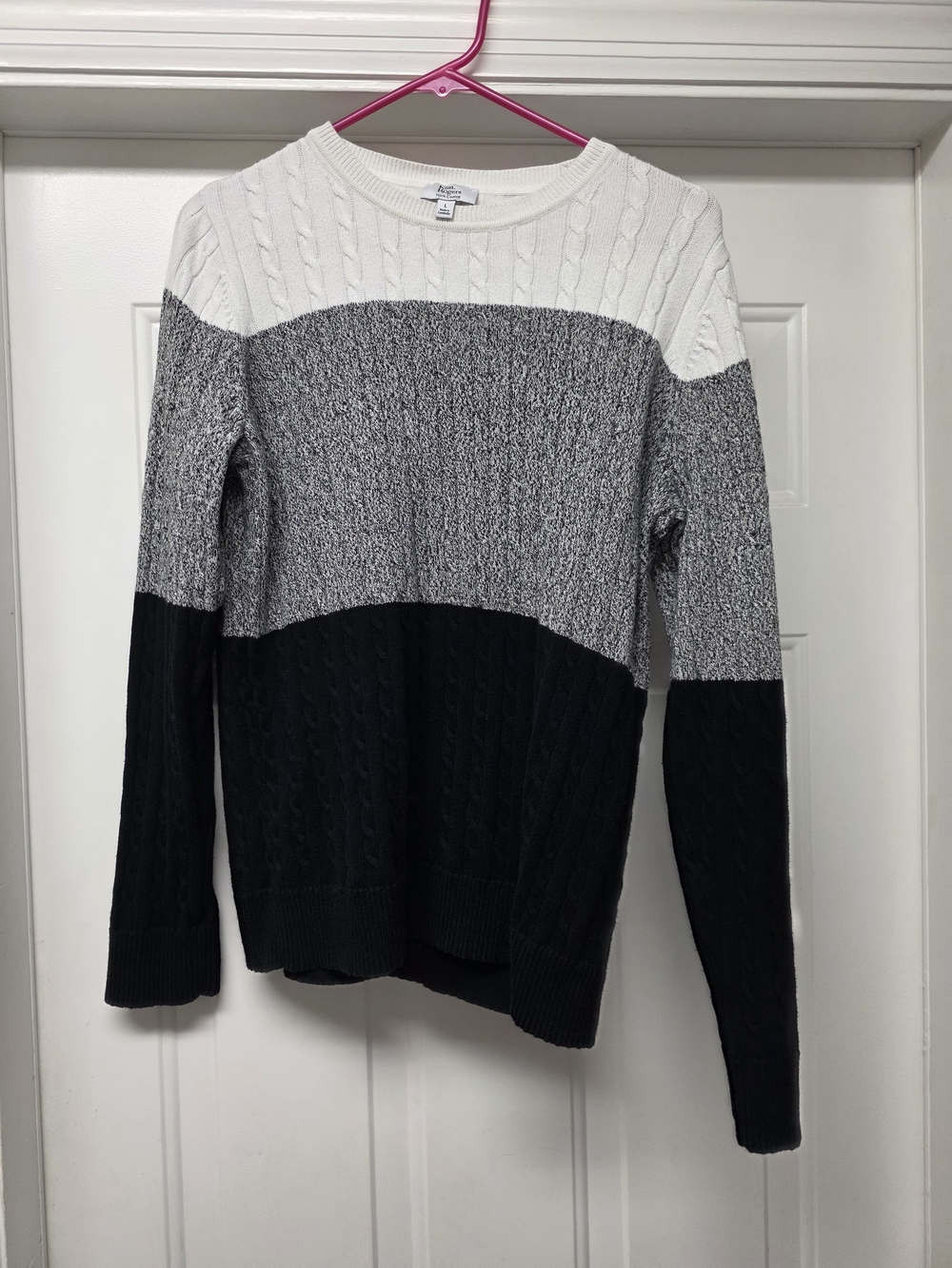 Kim Rogers White, Gray & Black Colorblock Cable Knit Sweater